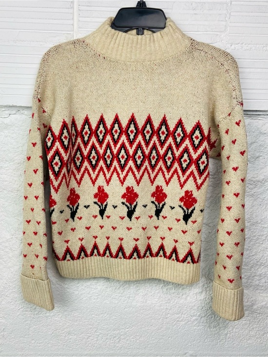 Lauren Lane X Sonoma Cream And Red Floral Fair Isle Turtleneck Sweater Sz Large